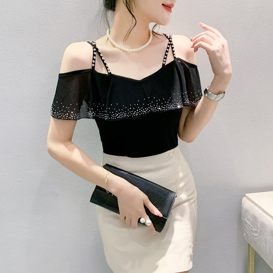 Mesh Hot Drilling V-hals Patchwork Top