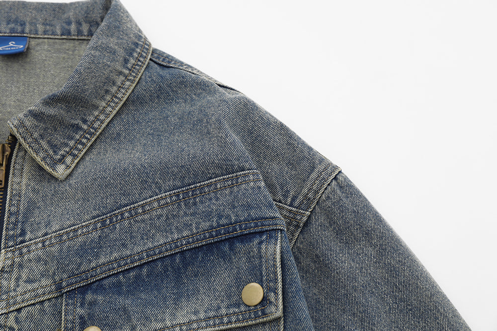 Retro Workwear Pocket Zipper Denim Clothes Jacket Spring And Autumn