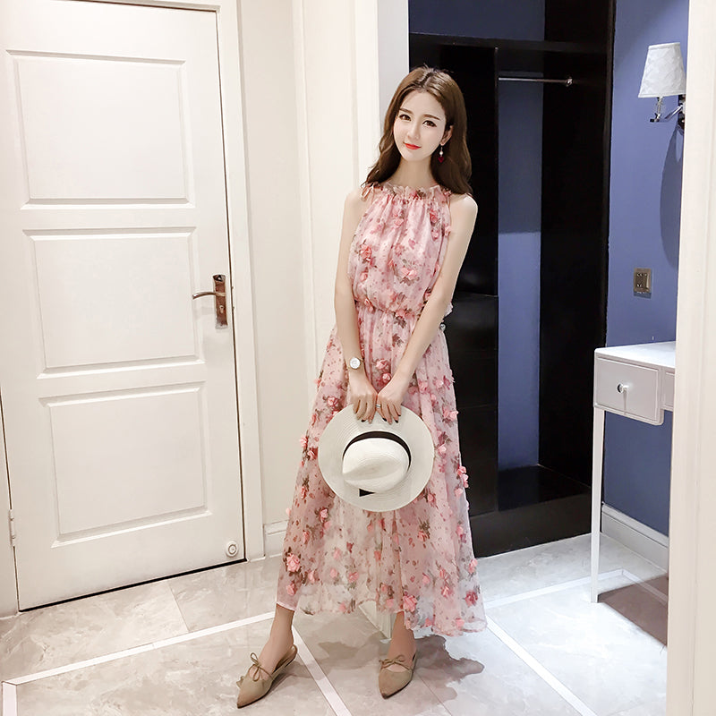 Sleeveless Suspender Floral Chiffon Dress For Women