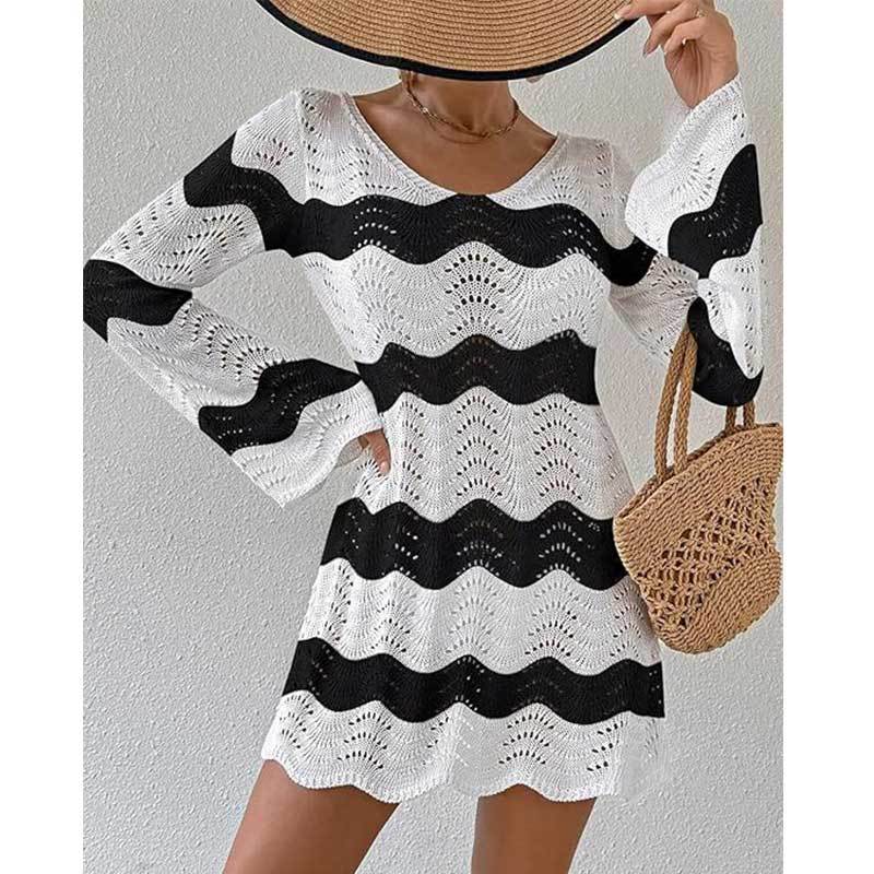 Womens Stylish Sexy Openwork Knit Long-sleeve Top