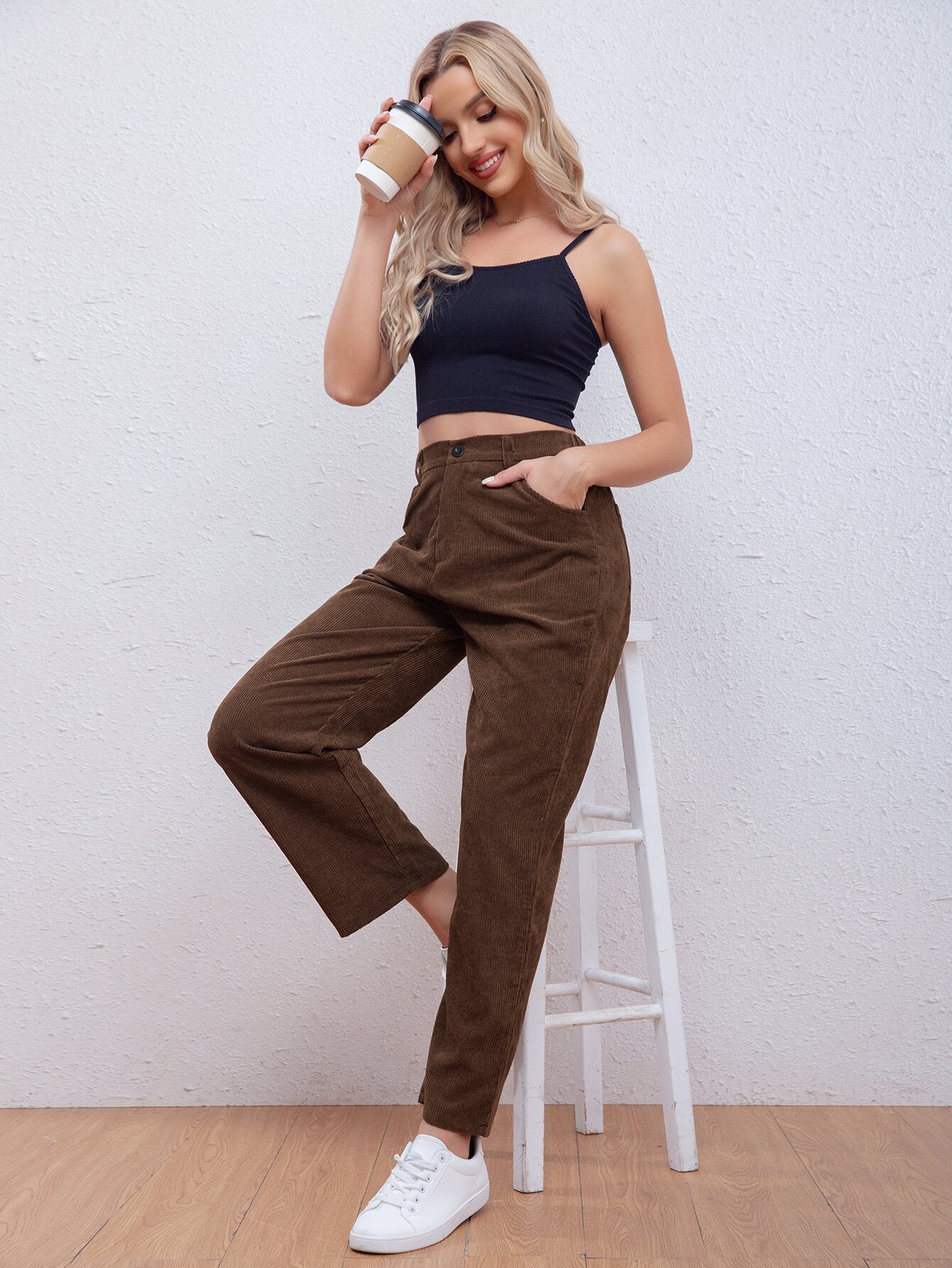 Women's Fashion Leisure Corduroy Stretch Waist Pants