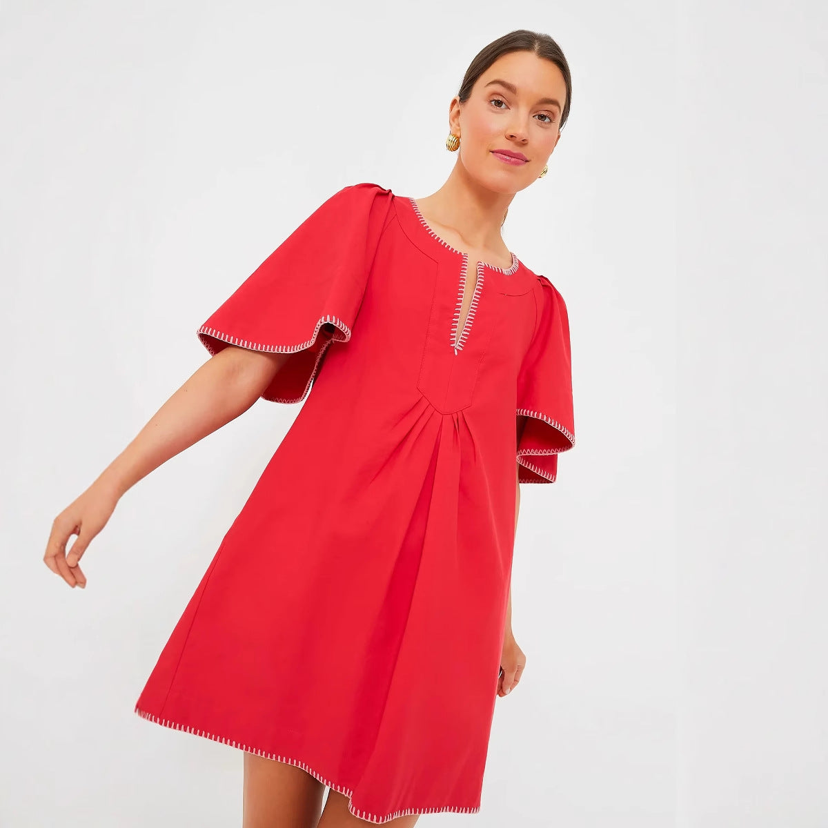 V-neck Solid-color Pleated Short-sleeve Lace Casual Summer Dress