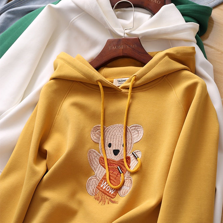 Women's Trendy Spring And Autumn Bear Embroidery Hooded Sweater