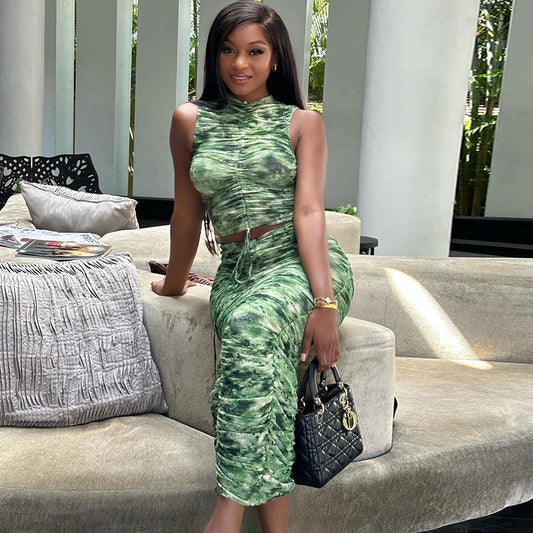 Printed Sleeveless Pullover Top With Drawstring Paired With A Skirttwo-piece Set