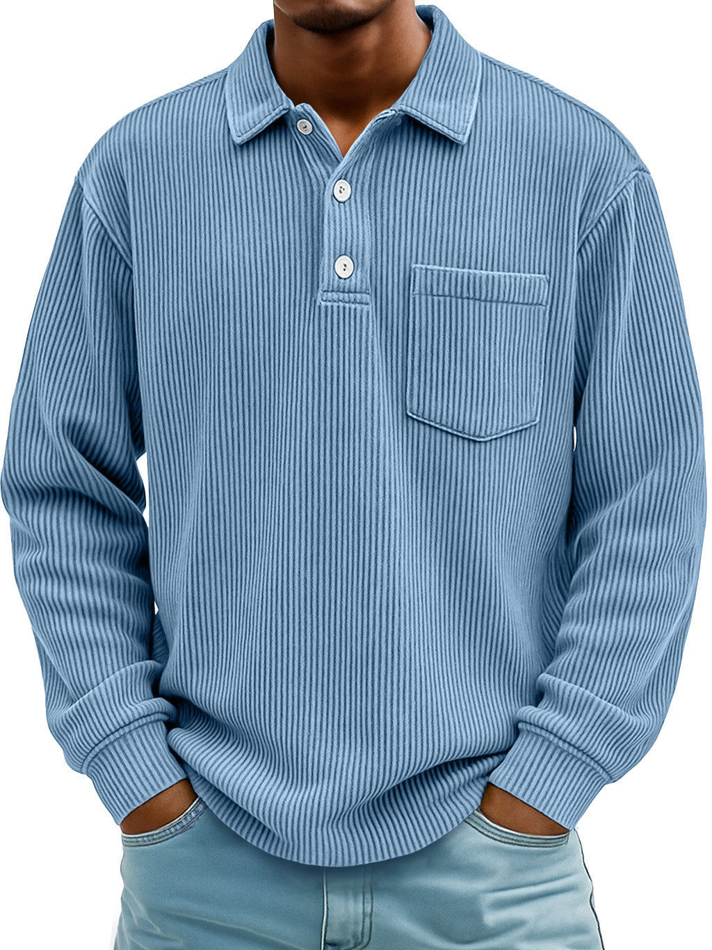 Mens Long-sleeve Polo Shirt Casual Corduroy-striped Top