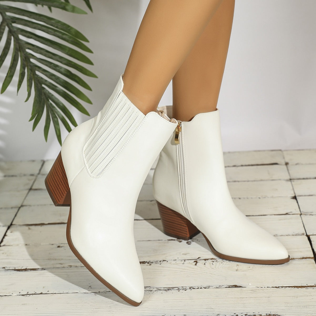 Solid Color Pointed Toe Chunky Heel High Heel Comfortable PU White Ankle Boots