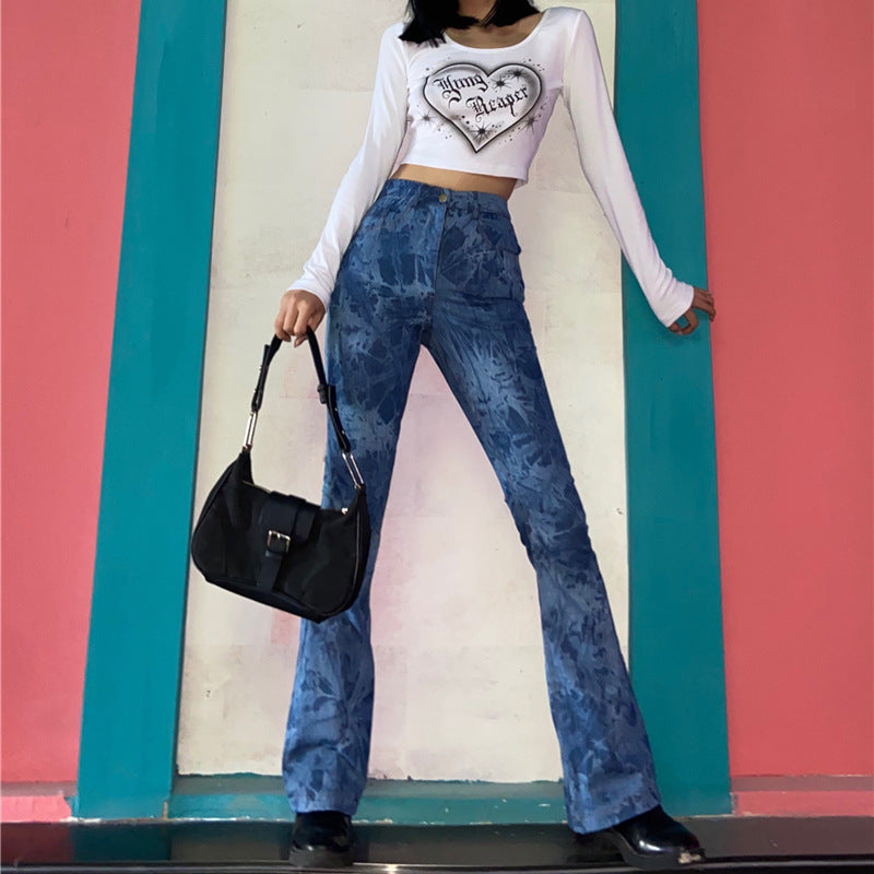 Women's Tie Dyed Bootcut Jeans High Waist Slim Skinny Fit
