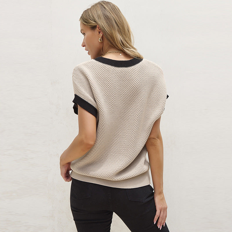 Women's European And American Leisure Style Contrast Color Trim Round Neck Pullover