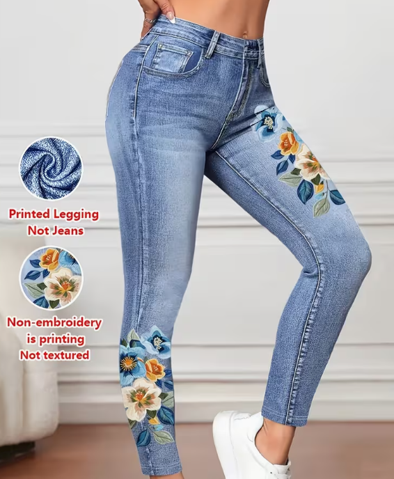 Mønstrede Leggings - Ikke-denim Stof, Imitationsdenim Stramme Bukser til Kvinder