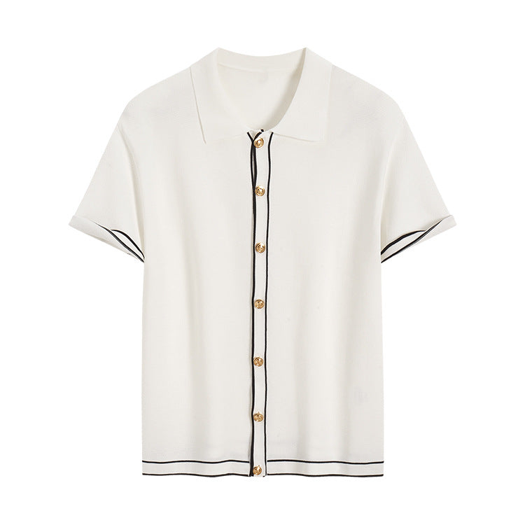 Simple Cardigan Contrast Color Lapels Old Money Style All-match