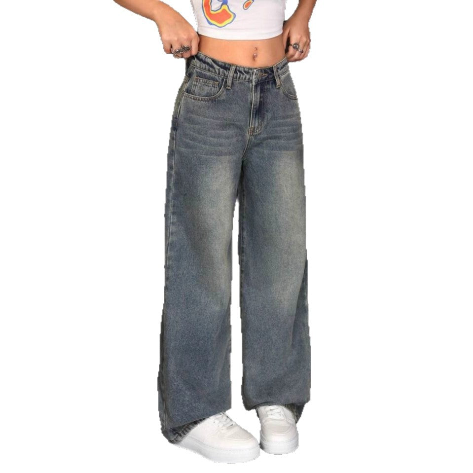 Womens Retro Washed Loose Flared Wide-Leg Jeans