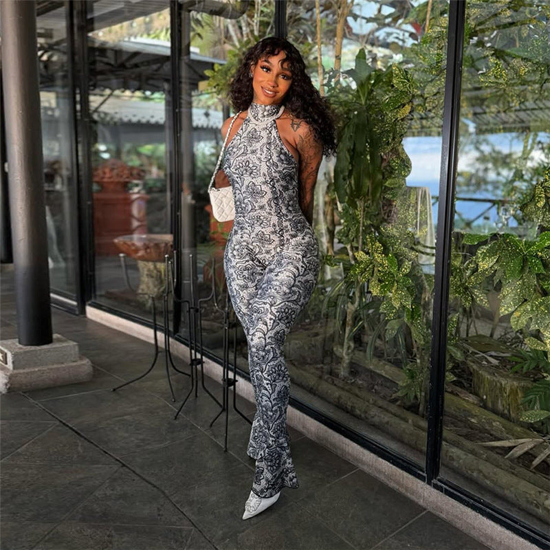 Women's Fashion Sexy Backless Halter Printed Slim-fit Sheath Jumpsuit