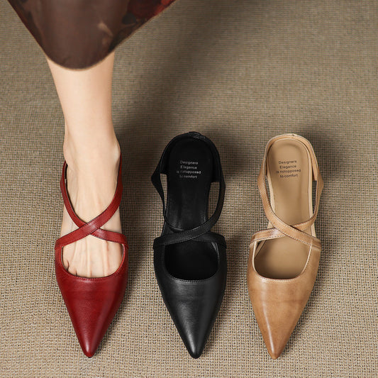 Vintage First Layer Washed Cowhide Pointed-toe Mules Shoes Outer Wear