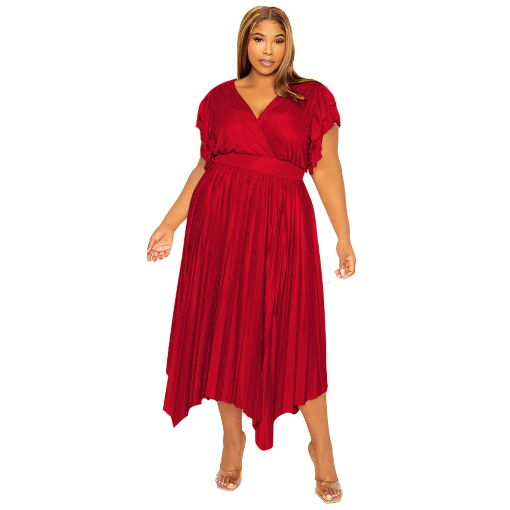 Plus-size Dress With A V-neck Ruffled Sleeves And Pleated Detailing