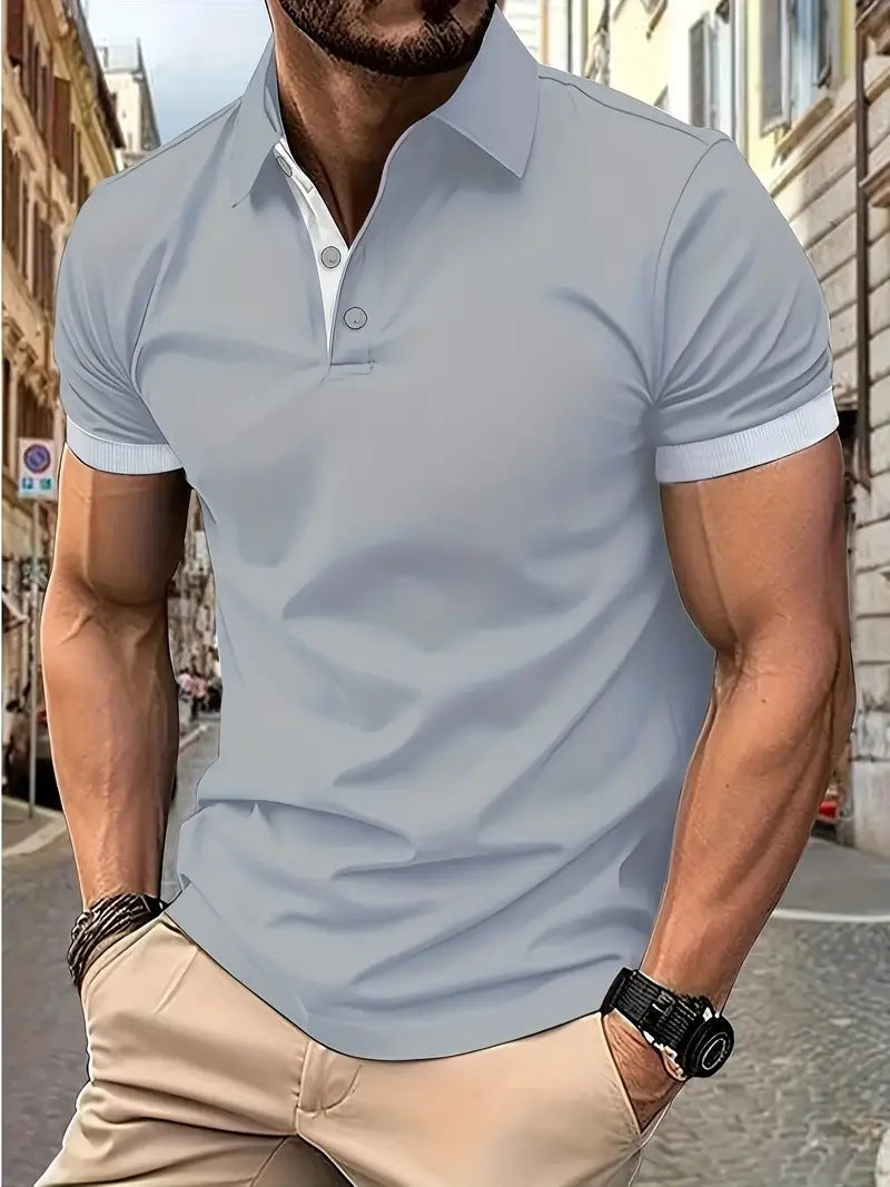 Solid Color Lapel Short Sleeve Polo Shirt Casual Loose Men 4D