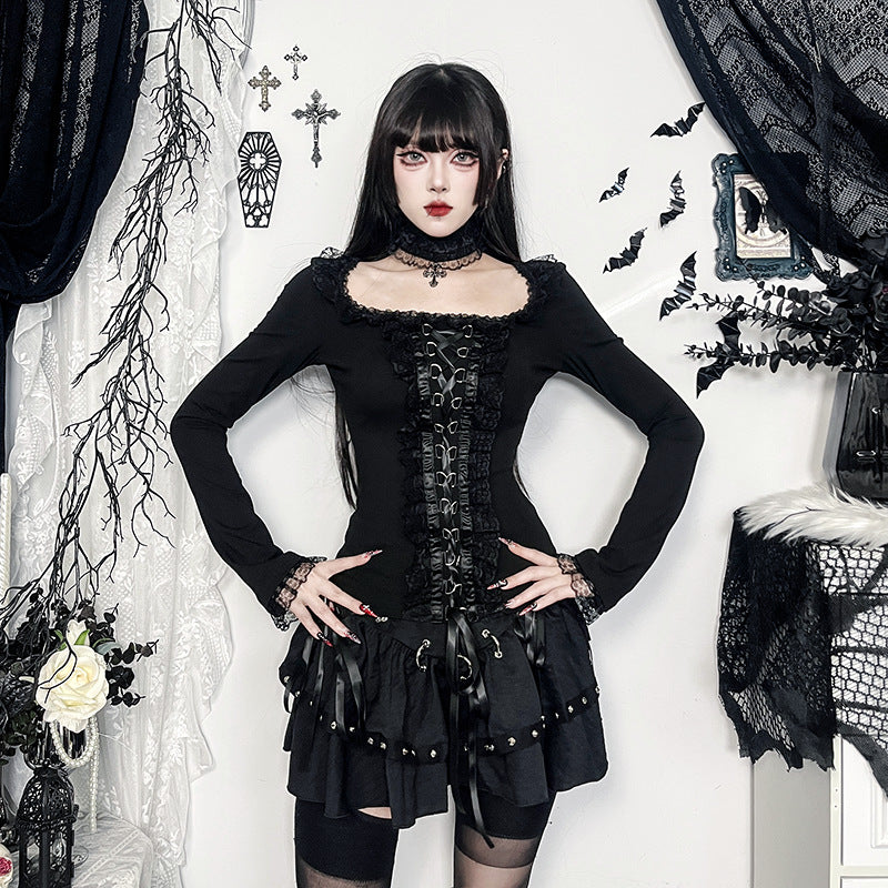 New Dark Temperament Buckle Lace Trim Autumn And Winter Inner Top