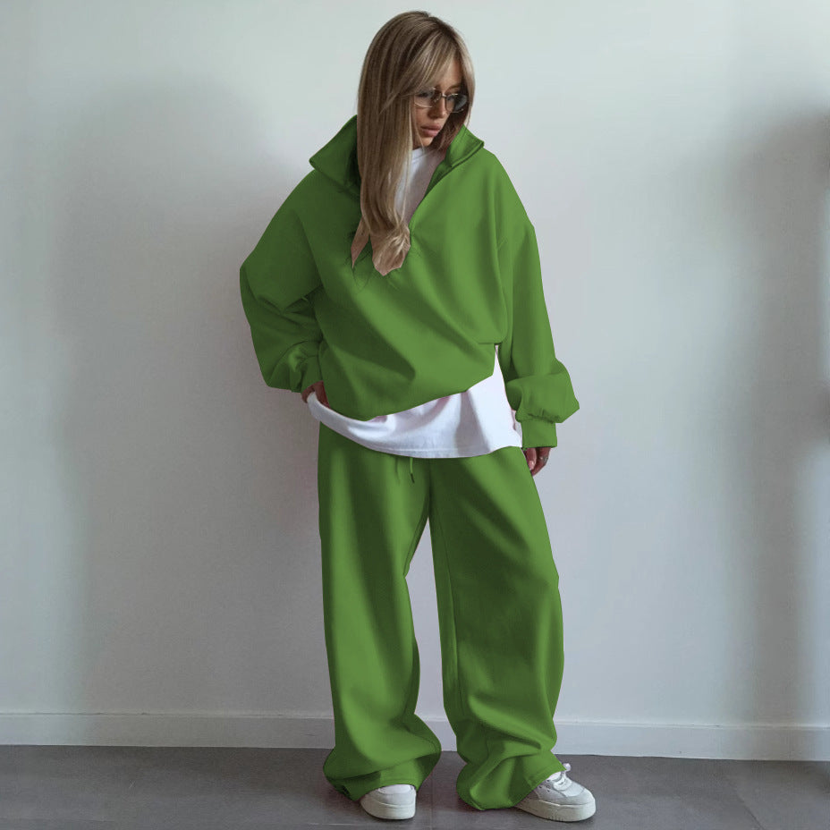 Fashionable Half-Open Collar Long-Sleeve Hoodie And Pants Casual Set