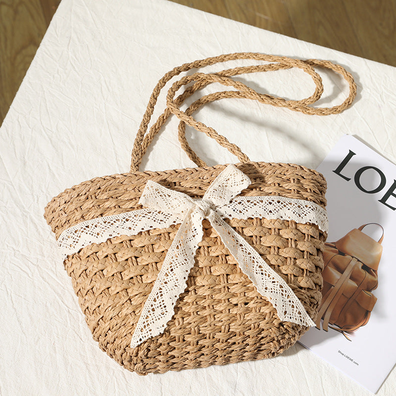 Lace Bowknot Woven Bag Shoulder Handheld