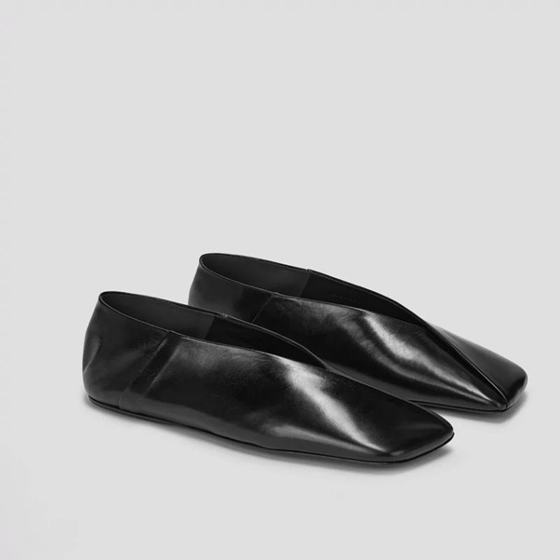 Womens Niche French-Style Genuine Leather V-Neck Square-Toe Flat Shoes