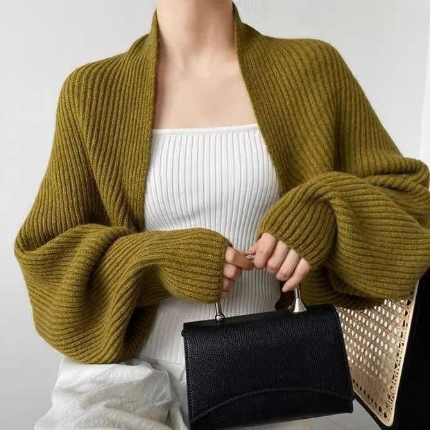 Strikket cardigan-jakke til kvinder, flagermusærmet sweater, kort, temperamentsfuld