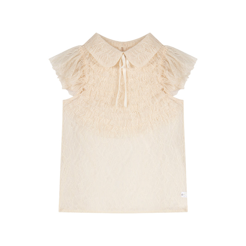 French Style Bow Lapel Chiffon Short Sleeve Shirt