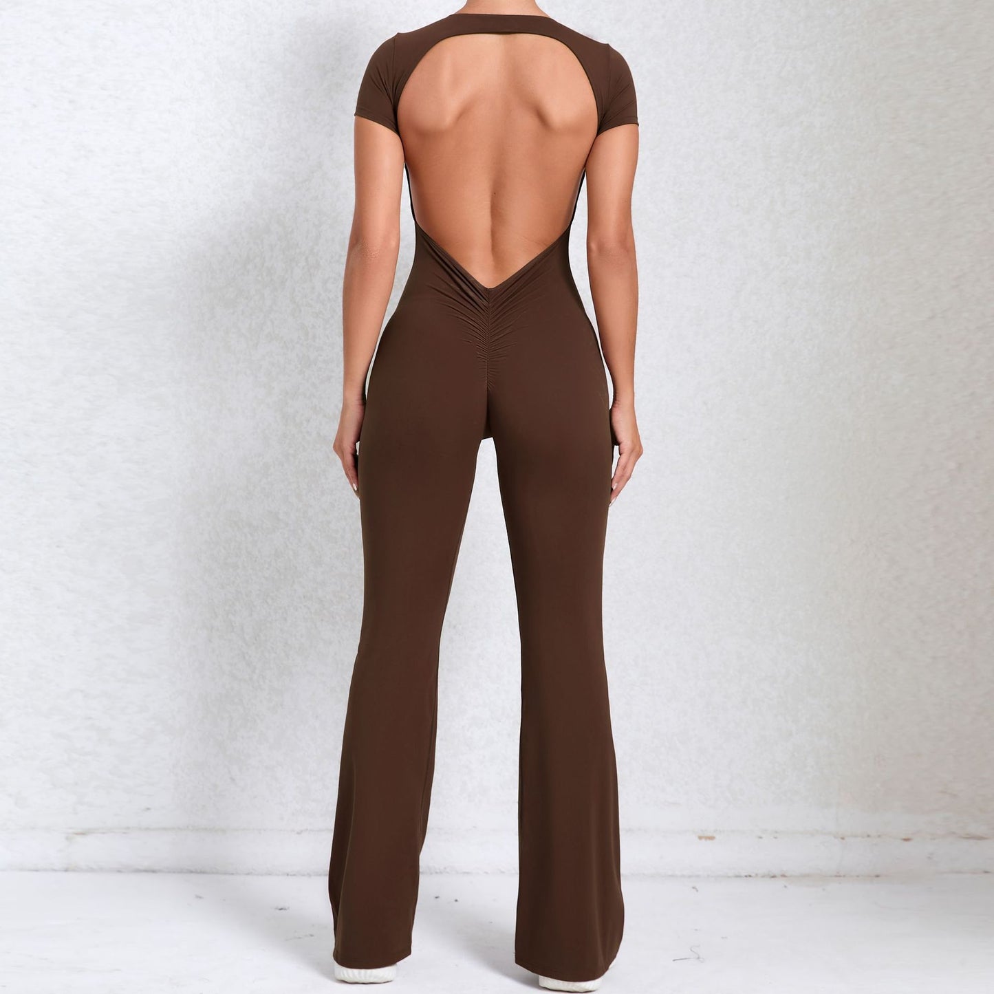 Bare Back Short Sleeve Nude Feel Yoga Outer Wear Fitness Sports Jumpsuit