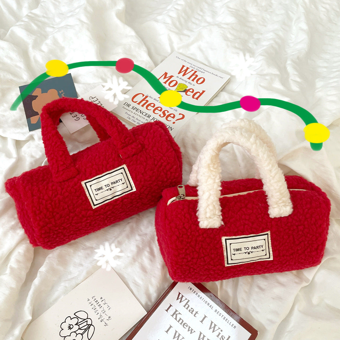 Plush Small Red Envelope Contrast Color Lamb Wool Hand Bag