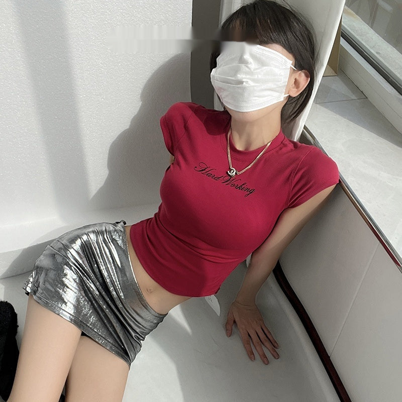 Street Flying Sleeve Round Neck Shoulder Short Sleeve Contrast Color Letter Stretch Top For Women