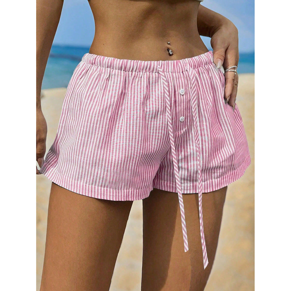 Moderne Stribede Elastiske Casual Shorts Hjemme Løse Slankende