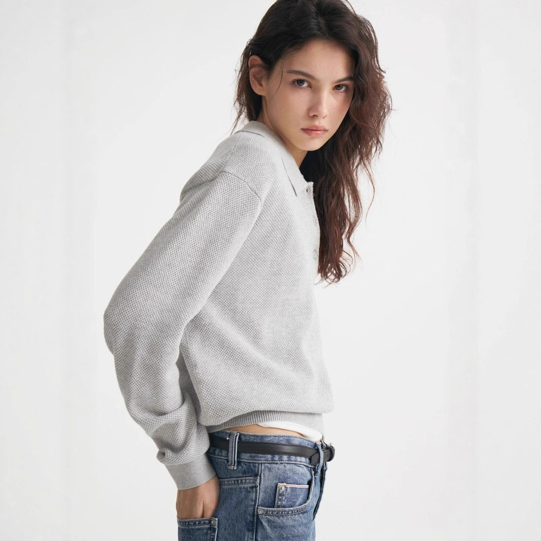 Vintage Casual All-matching Polo Lapel High Quality Knitted Sweater