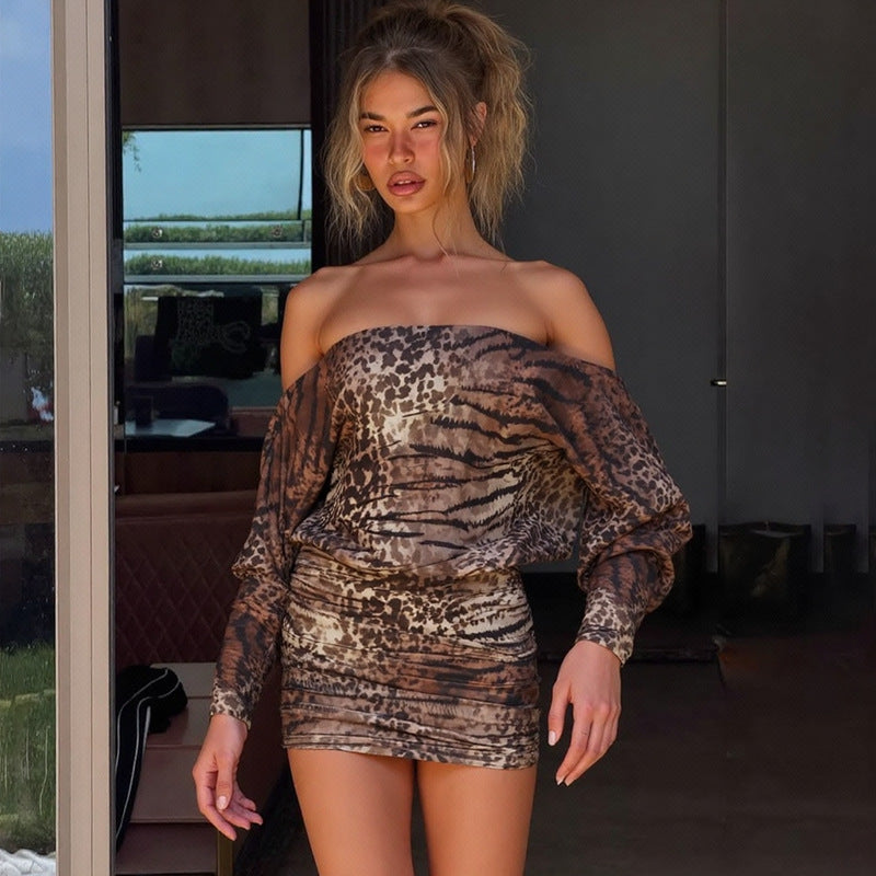 New Autumn Womens Leopard-Print Off-the-Shoulder Long-Sleeve Bodycon Dress