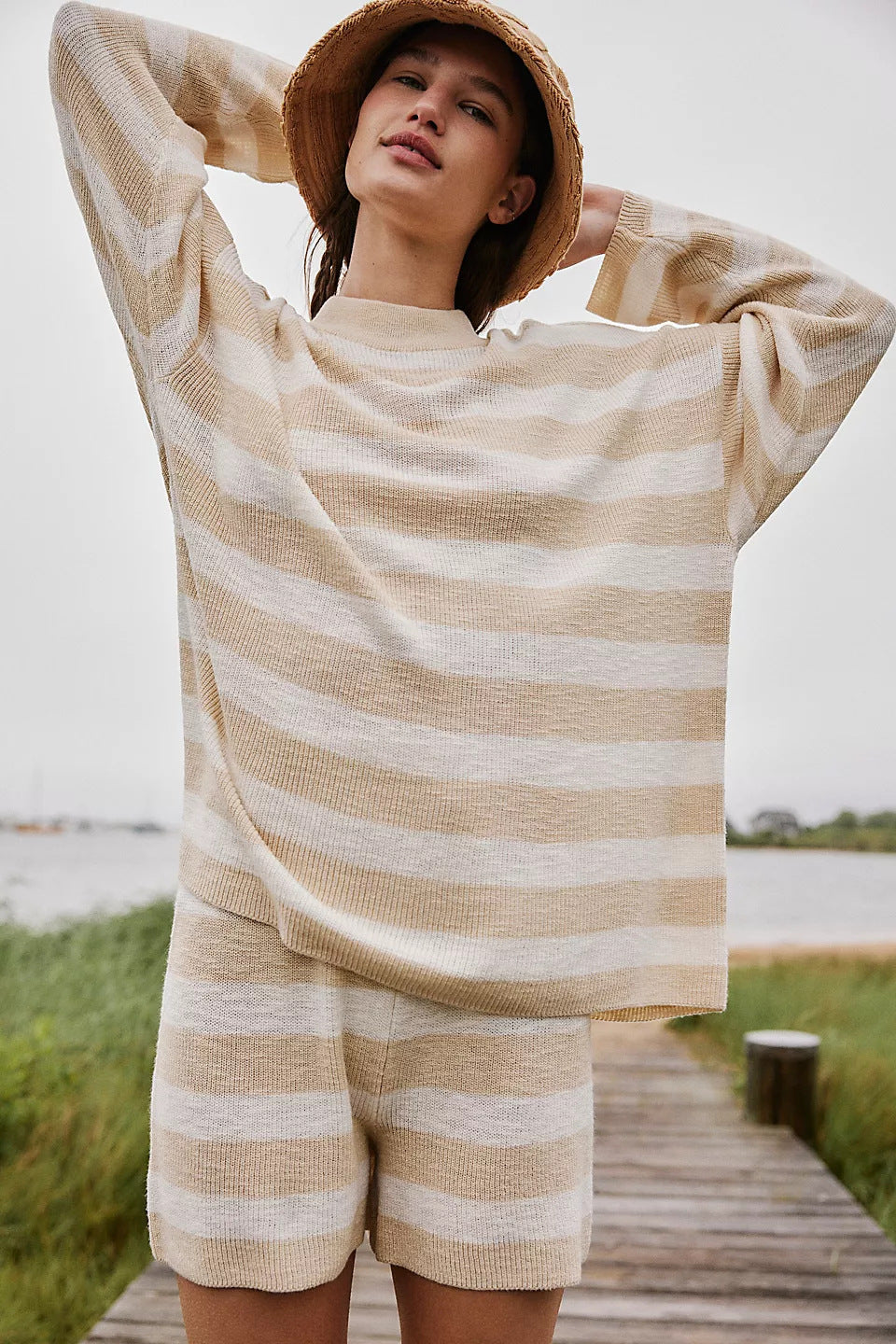 Stylish And Minimalist Striped Womens Two Piece Set