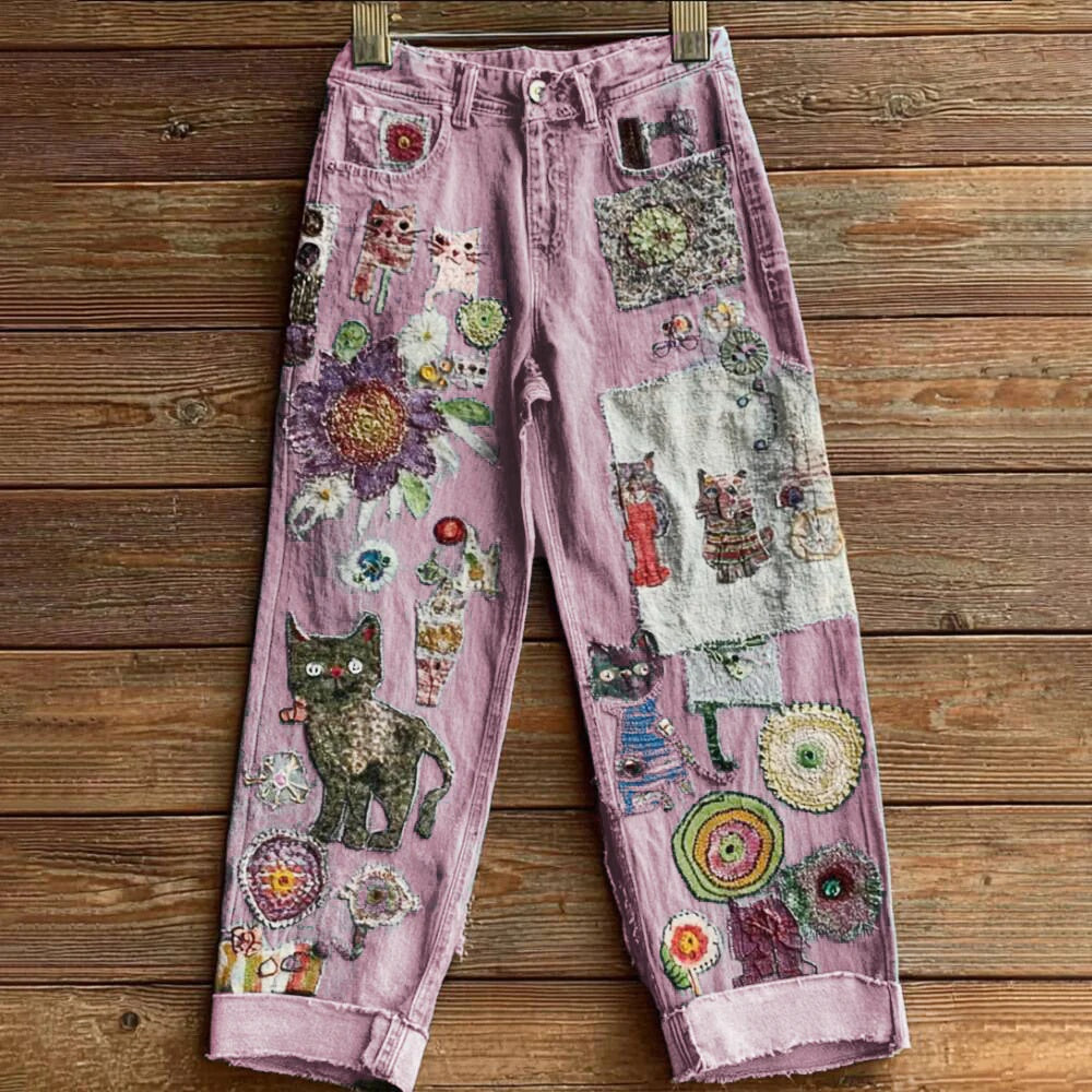 New 3D Heat-transfer Printed Flared Jeans-style Trousers In Faux Denim