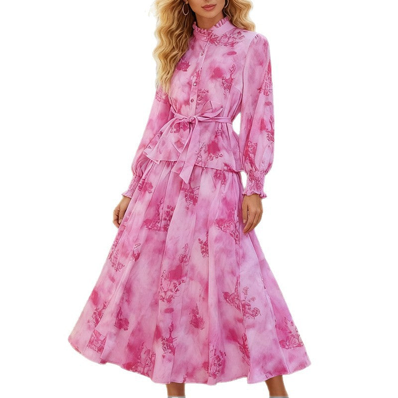 Printed Long-sleeved Top Skirt Suit Vacation Style