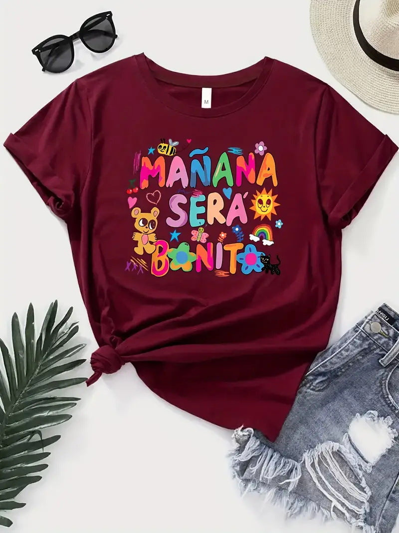 Round Neck Bear Letter Pattern Printed Short Sleeve