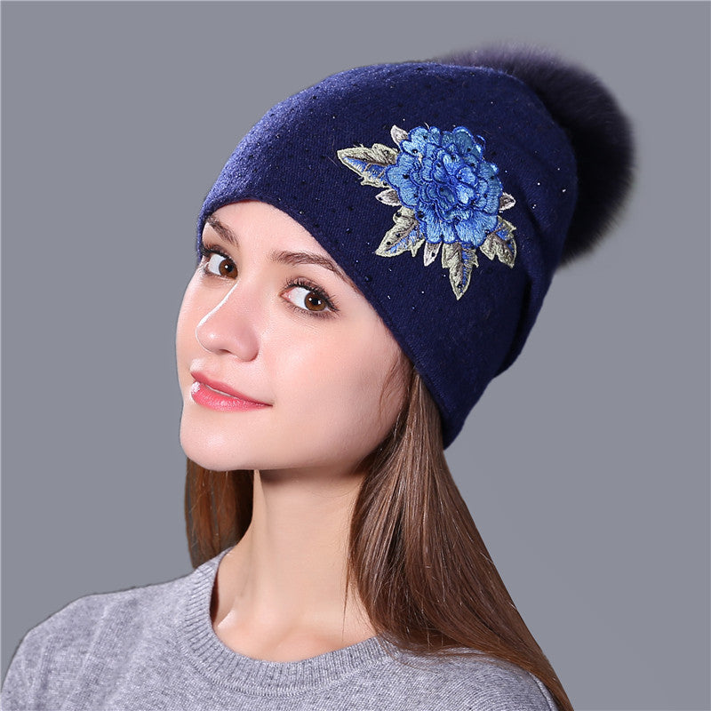 Big Fox Fur Ball Flower Embroidery Knitted Hat 15cm