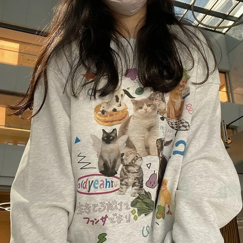 Mælk Kat Trykt Sweatshirt Efterår Vinter Langærmet Mode