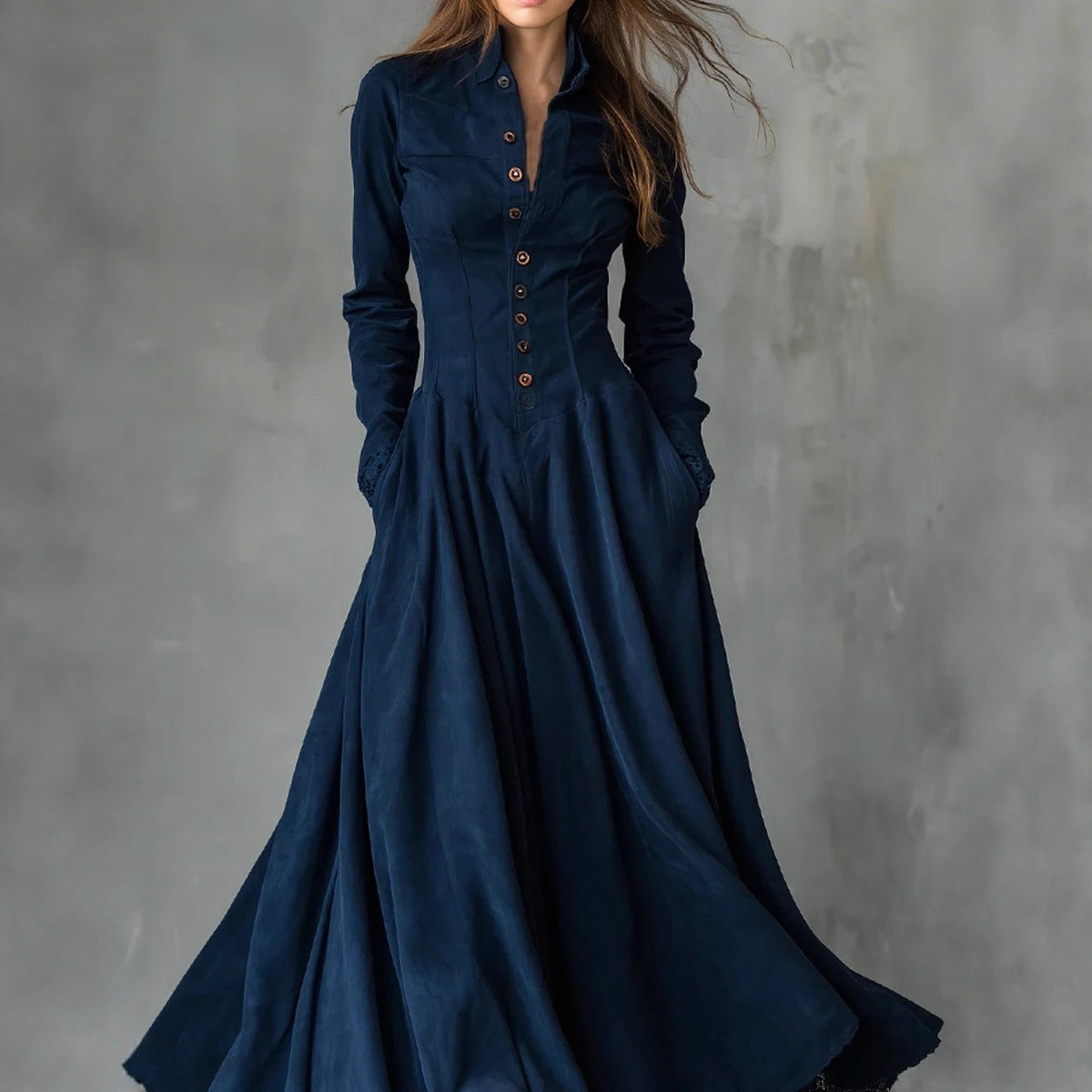 Retro Faux Suede Lace-Trimmed Patchwork Shirt Dress