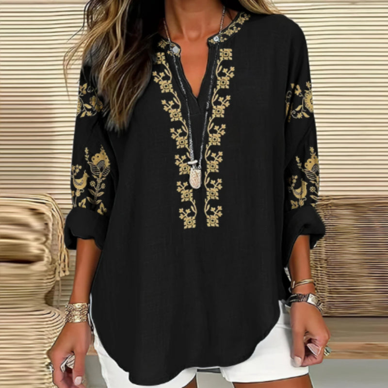 Women's Vintage Ethnic Floral Linen V-neck Shirt