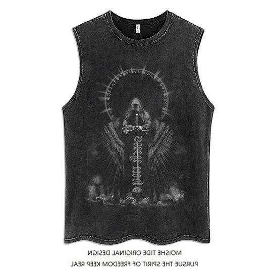 Retro Goth Washed Printed Sleeveless Vest Men's Summer Loose Fashion Brand High Street Sports T-shirt Couple