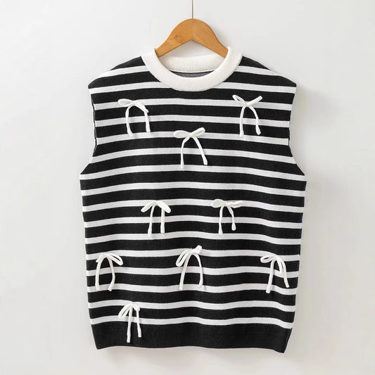 Womens Soft-Style Knitted Top With Bow-Knot And Short Sleeves