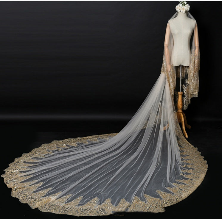 New Bridal Sequins Extra Long Lace Veil With Diamonds