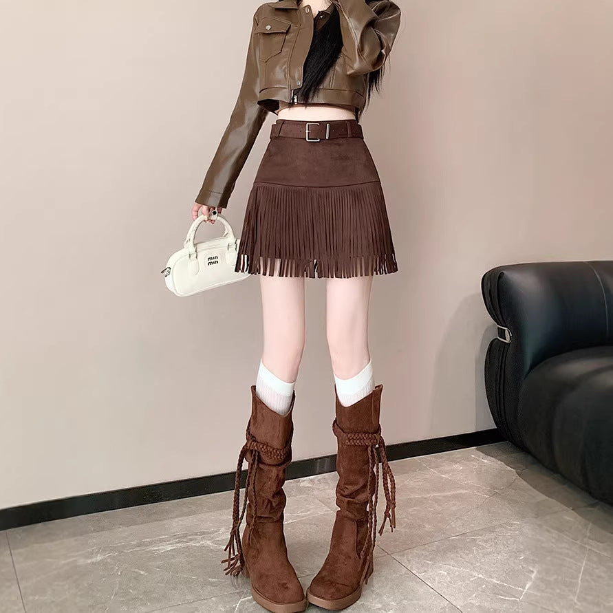Retro Chic Suede Fringe Skirt For Women