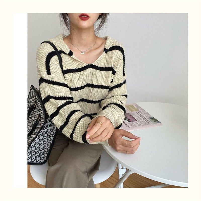 Sailor Collar Western Style Striped Loose Long Sleeve Top Women