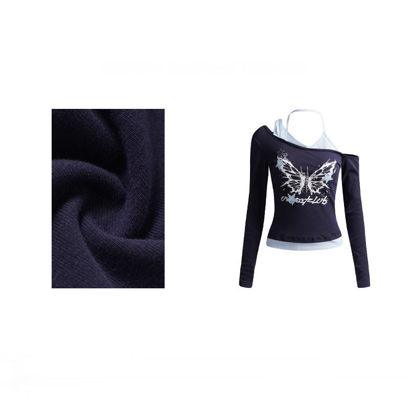 Womens Asymmetrical Neck Halter Patchwork Long Sleeve
