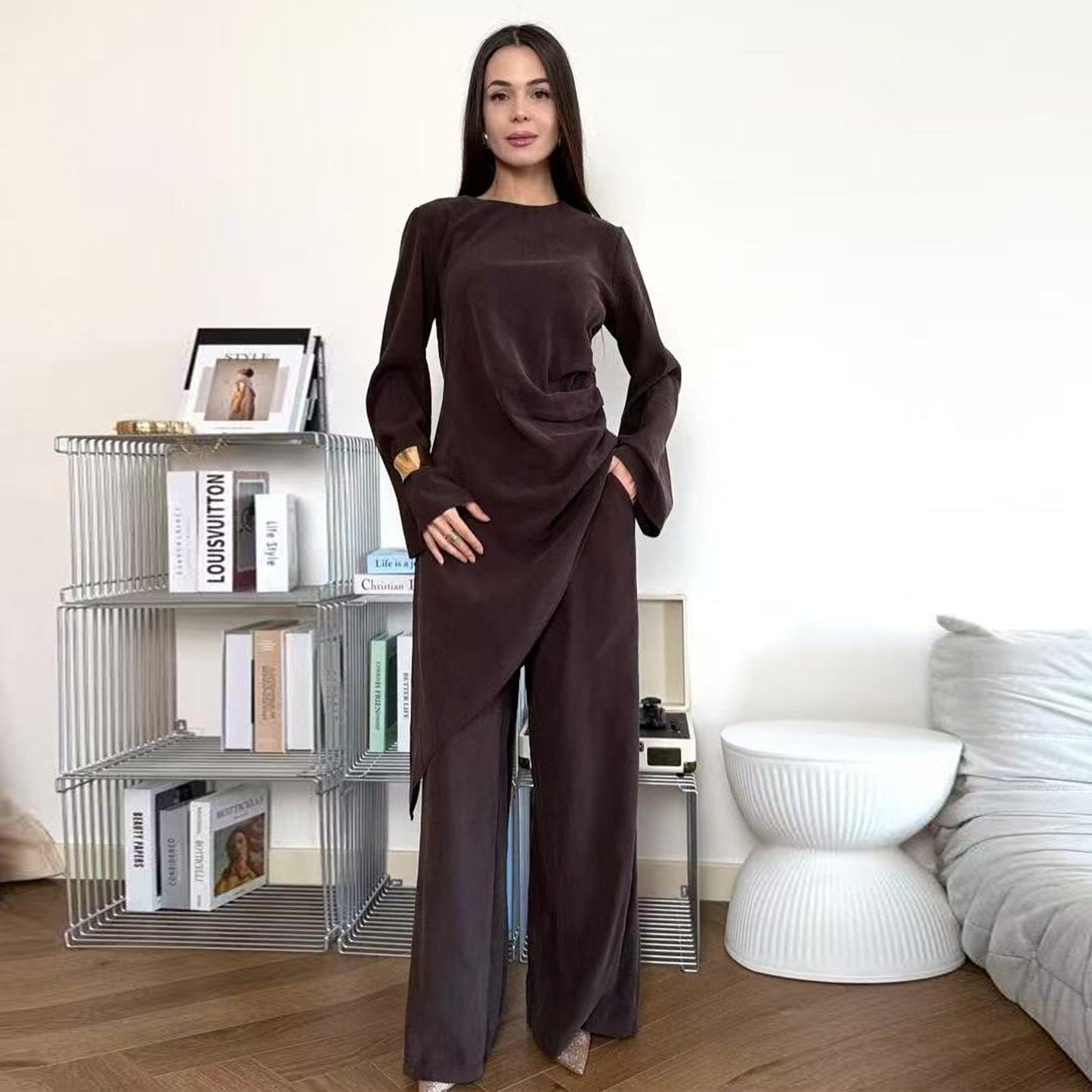 Women's Solid Color Casual East Long Shirt Two-piece Pants