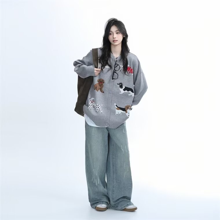 Women's American-style Gray Round-collar Knitted Cardigan