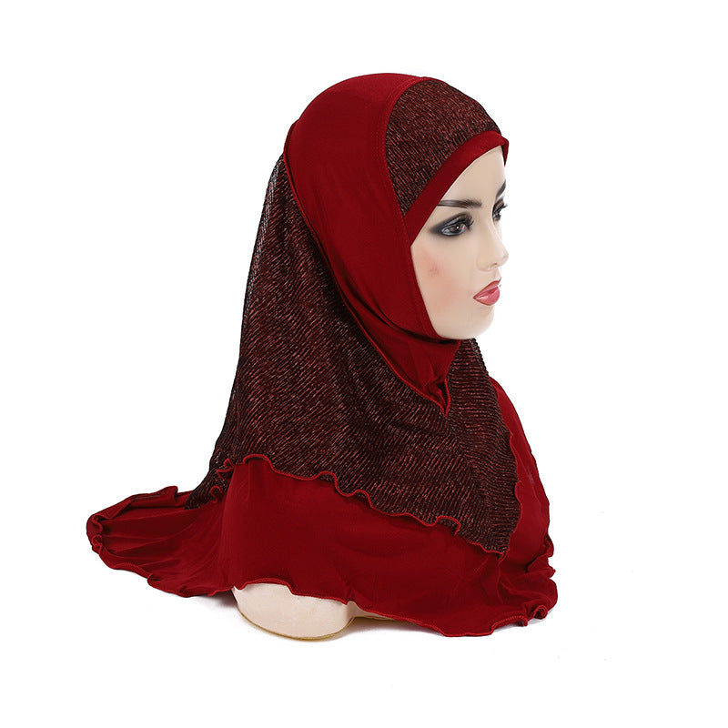 Malay Women's Crystal Ma Gold Silk Stitching Veil Hat Headscarf