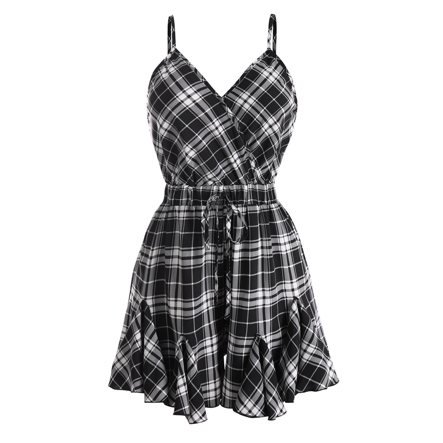 European And American Plaid Slim Suspender Stitching Jumpsuit