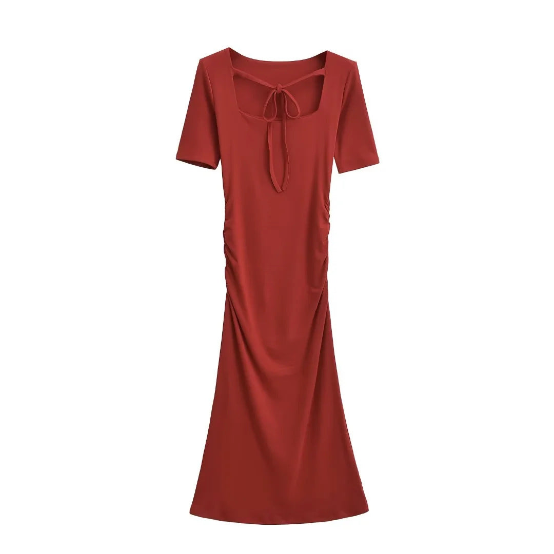 Square Neck Tie-waist Pleated Short Sleeve Dress